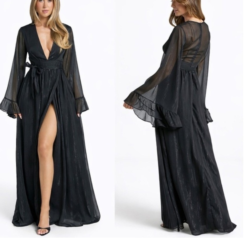 Showpo Dangerous Woman Maxi Dress Black Silver Metallic Chiffon Plunge 10